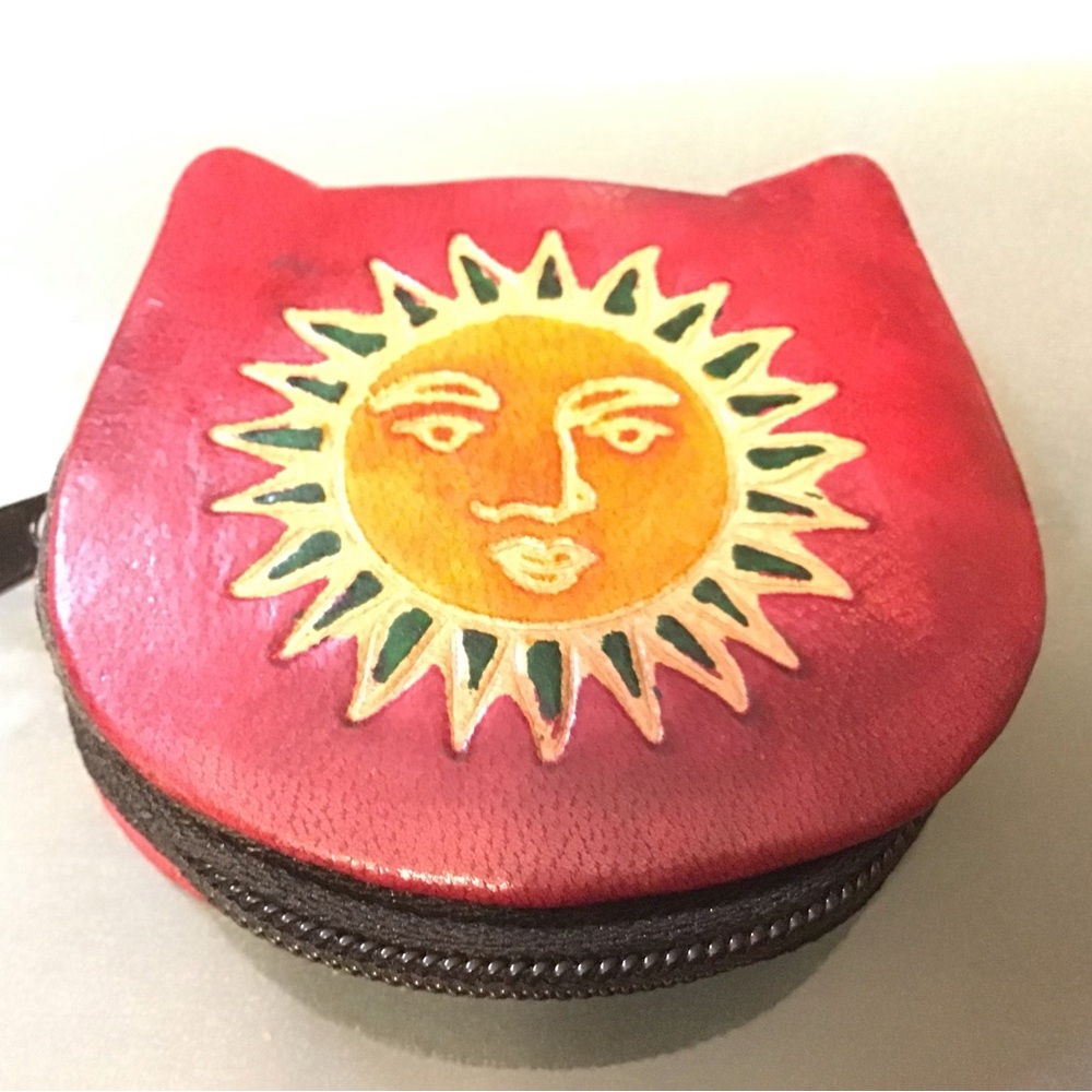 Red Sun  Hand Tooled Design Leather Coin Purse